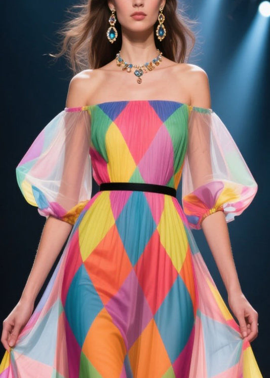 Rainbow Plaid Patchwork Lace Chiffon Ankle Dress Puff Sleeve