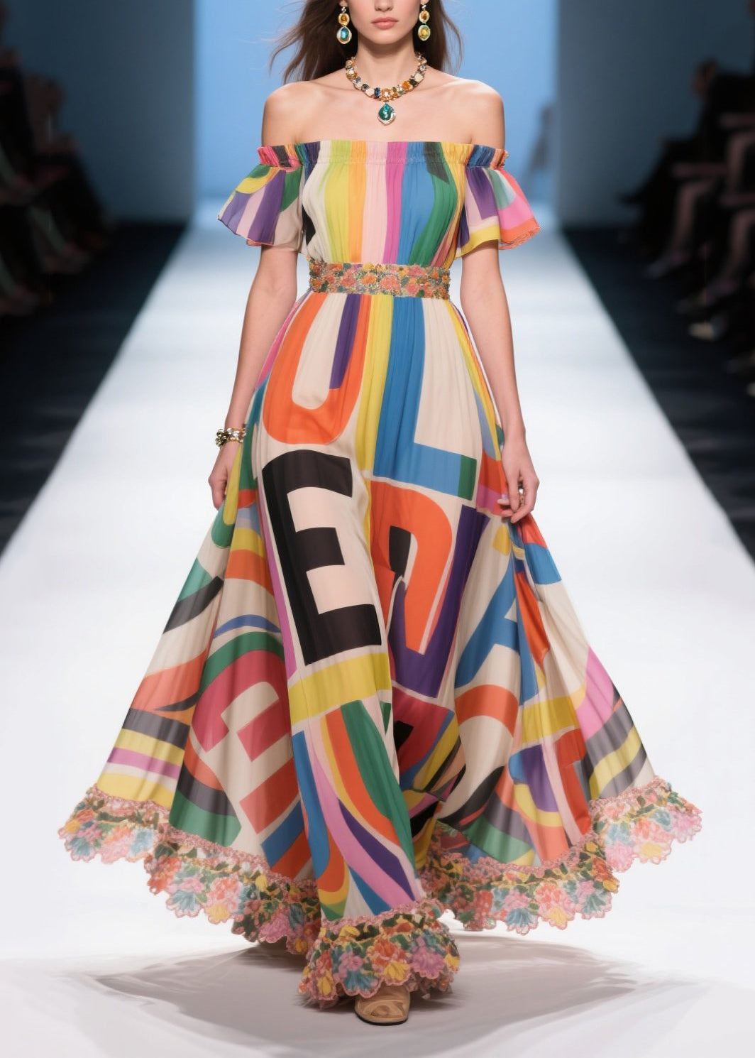 Rainbow Print Chiffon Strapless Dresses Cold Shoulder Summer