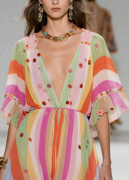 Rainbow Striped Chiffon Party Dress Ruffled Low High Design Summer