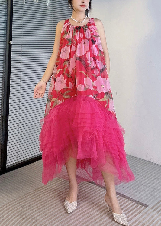 Rote asymmetrische Tüll Patchwork Kleider O-Ausschnitt Sommer