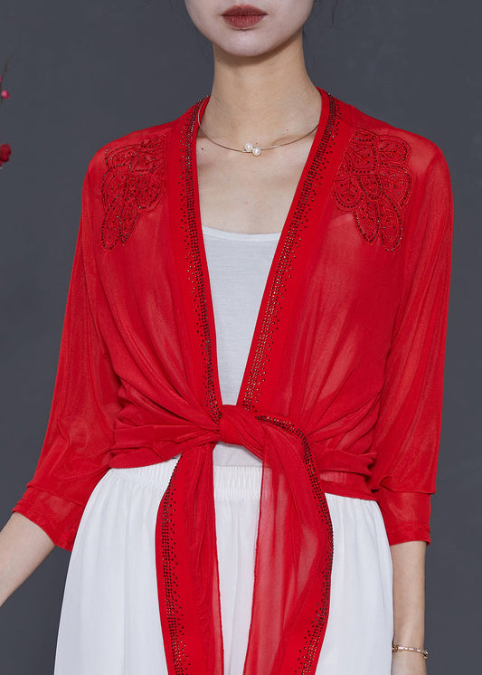 Rot Chiffon Strickjacken Bestickt Zirkon Sommer