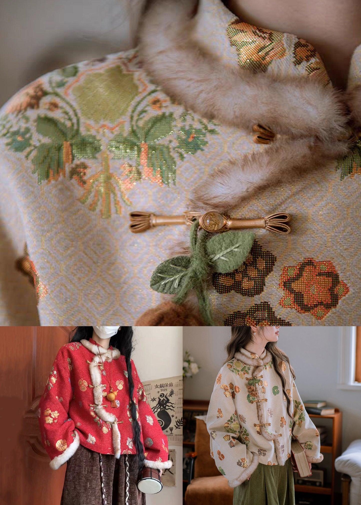 Parka de invierno cálida de polar con cuello alto y botones chinos rojos