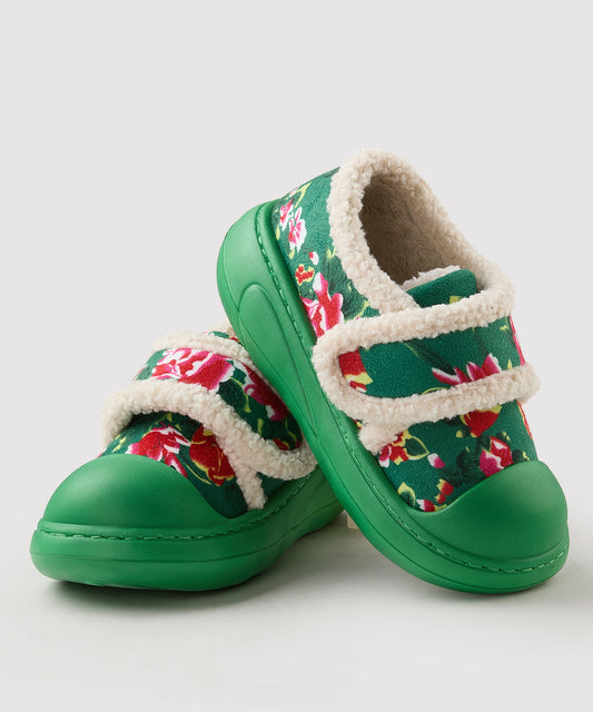 Red Cotton Fabric Flat Shoes Splicing Fuzzy Wool Lined