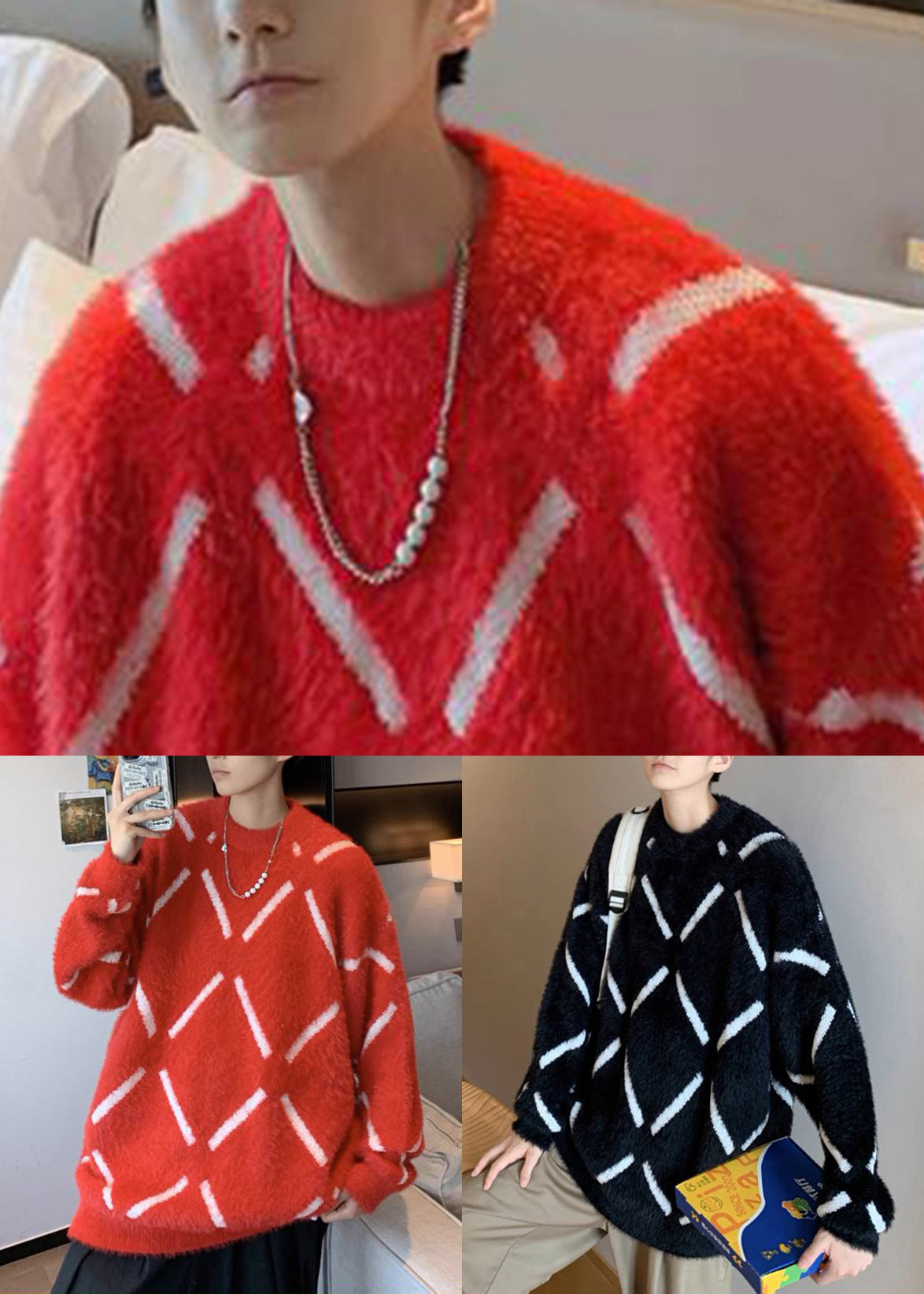 Red Cozy Thick Ma Hai Mao Men Sweater O-Neck