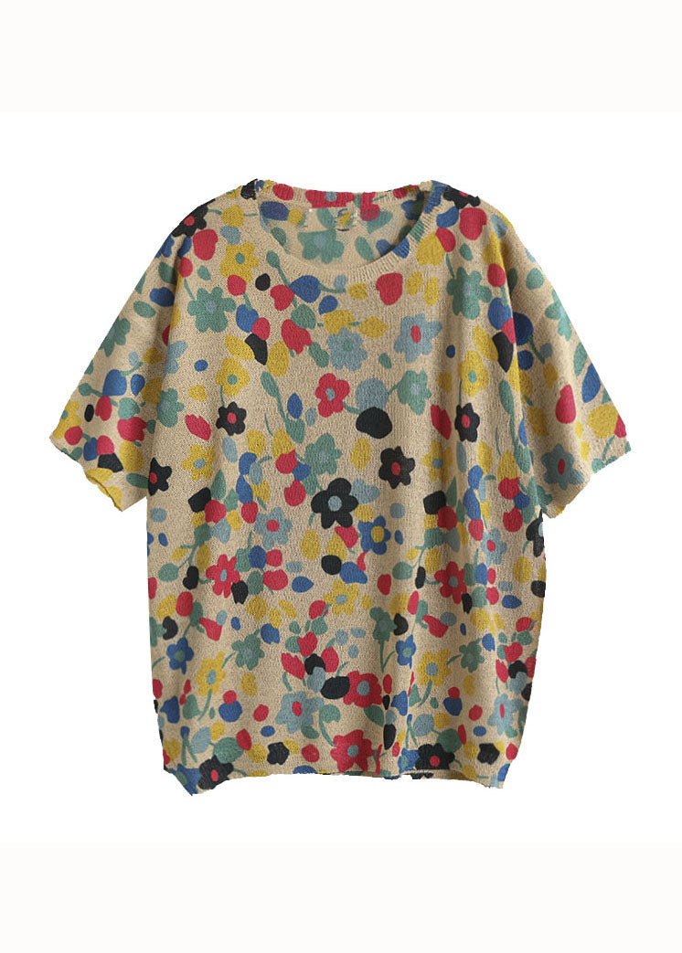 Camiseta de algodón con estampado floral rojo y patchwork, cuello redondo, verano