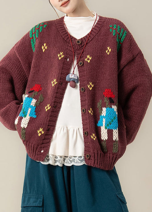 Roter, kuscheliger Oversize-Strickmantel aus Jacquard mit Rundhalsausschnitt