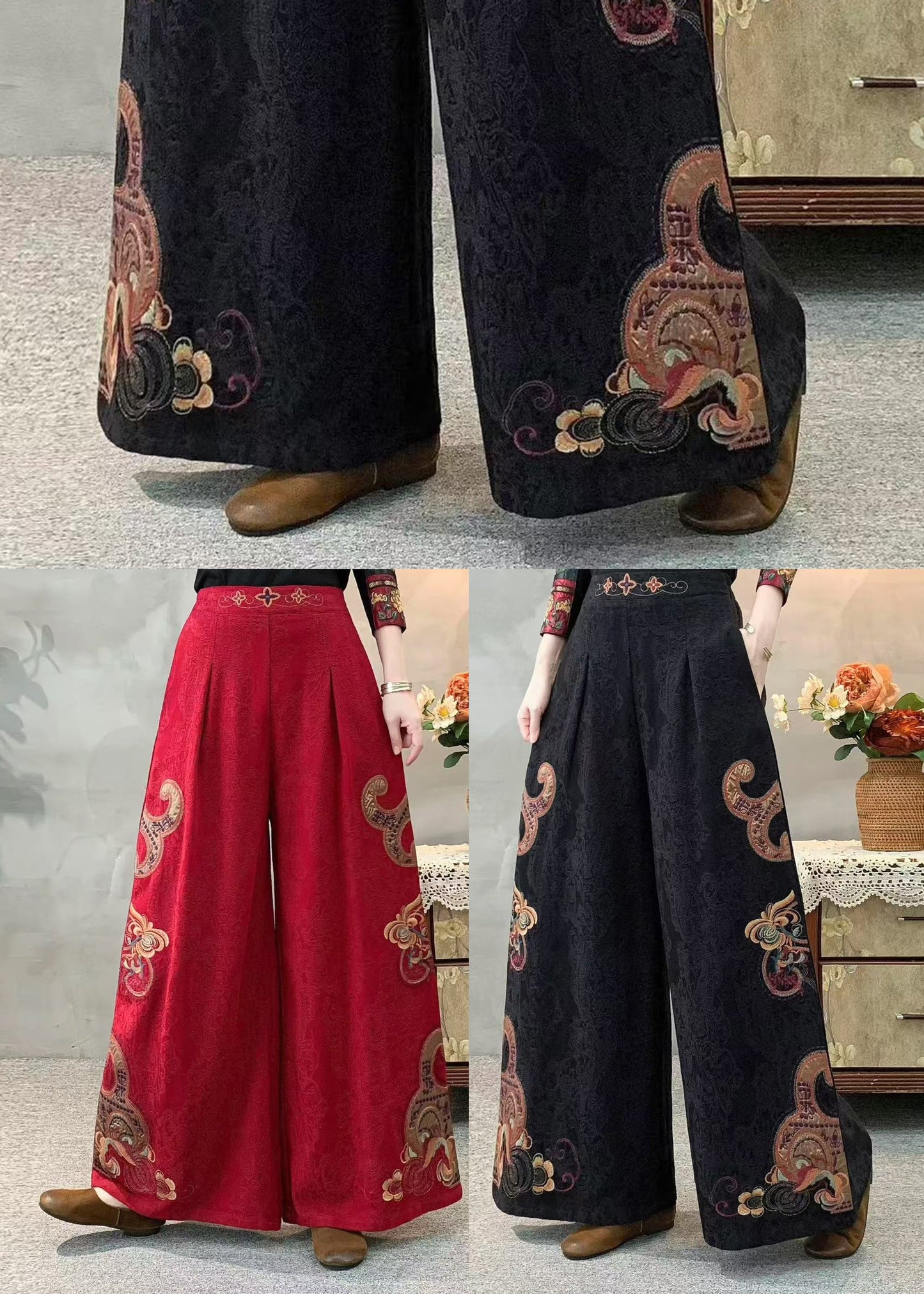 Rote Jacquard-Leinenhose mit weitem Bein, bestickt, Frühling