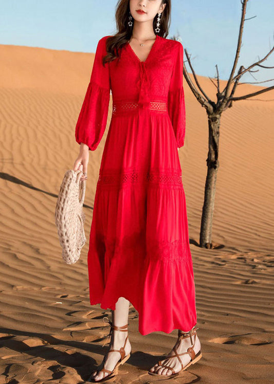 Red Lace Up Hollow Out Maxi Dresses V Neck Fall