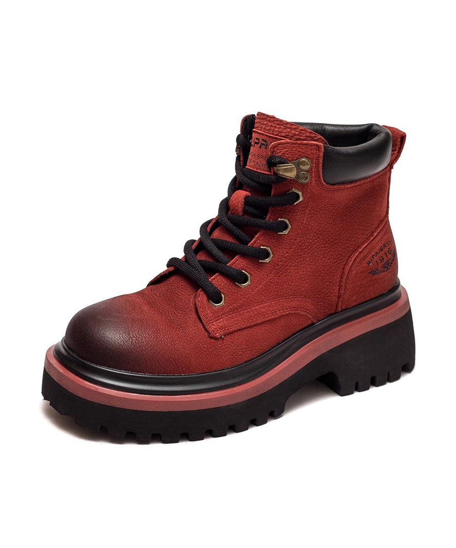Red Lace Up Splicing Platform Cowhide Leather Boots