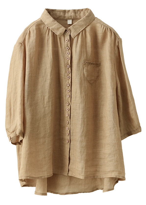 Camisa de lino lisa de diseño bajo y alto en color rojo, media manga