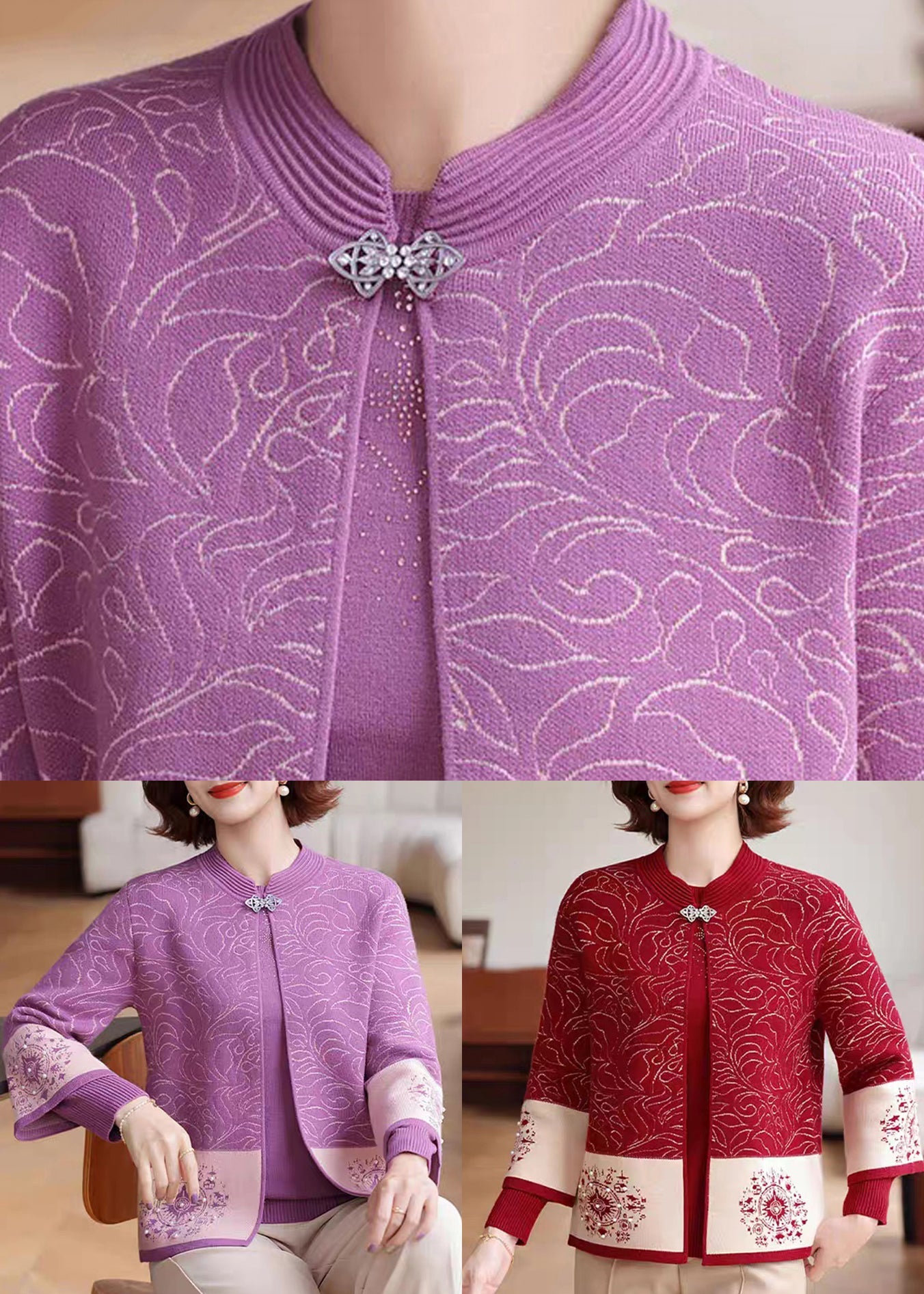 Conjunto de dos piezas de abrigo y suéter de punto con cuello redondo rojo y estampado de primavera