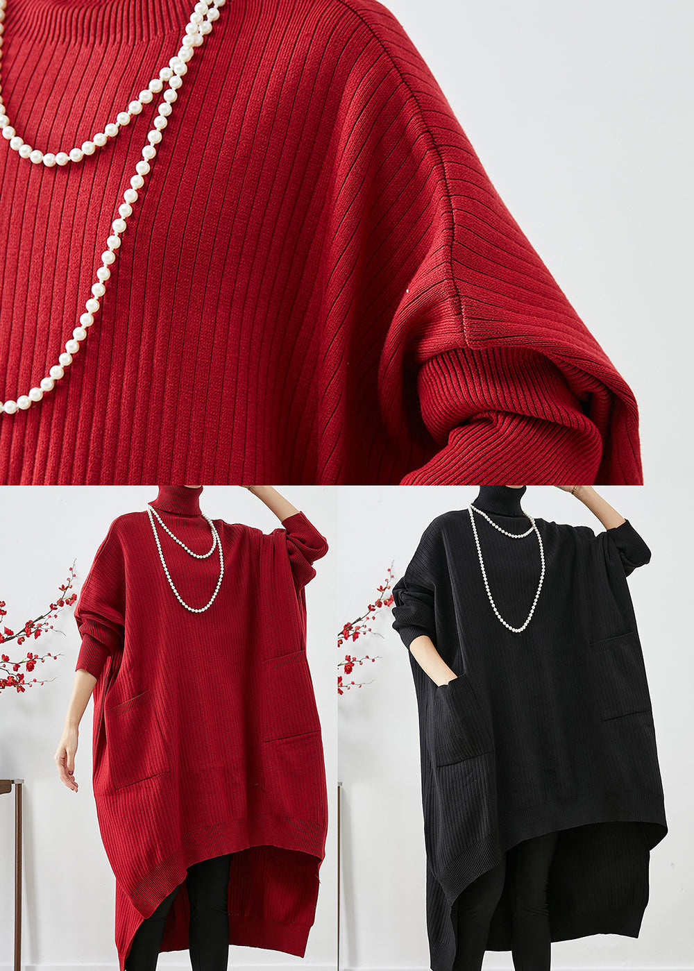 Blaues Oversize-Strickpulloverkleid mit Rollkragen und asymmetrischen Fledermausärmeln