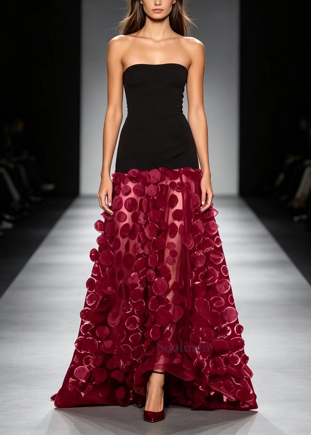 Red Patchwork Tulle Strapless Dresses Exra Large Hem Summer