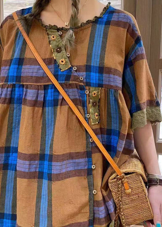 Rotes kariertes Patchwork-Baumwoll-Top mit kurzen Ärmeln