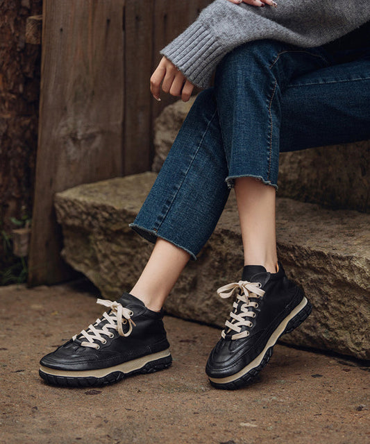 Red Platform Shoes Cowhide Leather Stylish Splicing Lace Up