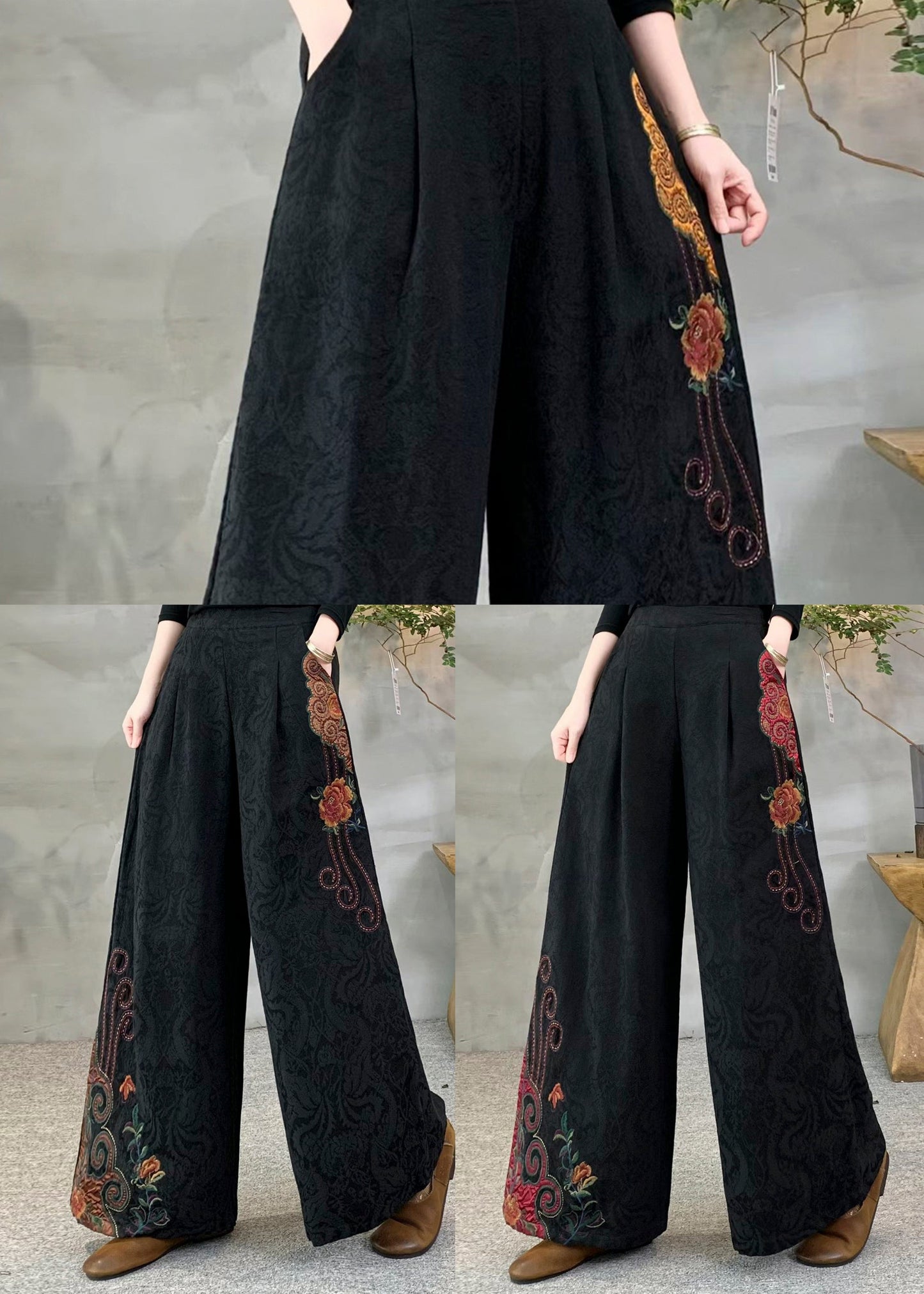Red Pockets Warm Fleece Pants Embroidered Elastic Waist Winter