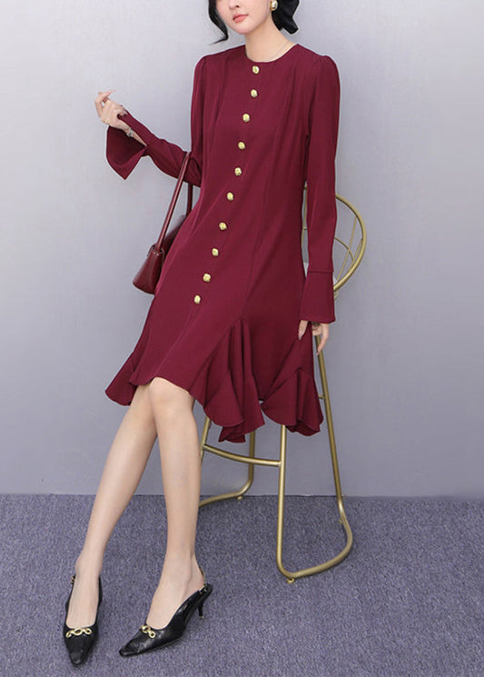 Red Ruffled Patchwork Solid Maxi Dress Fall