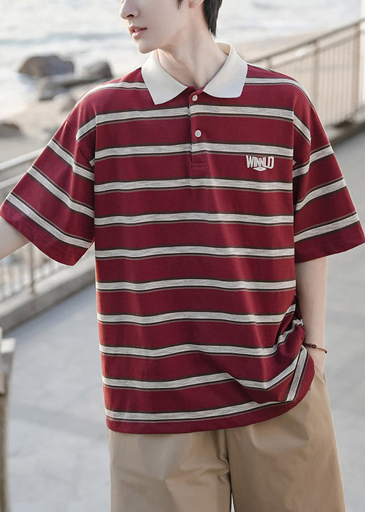 Red Striped Button Loose Cotton Mens Polo Shirts