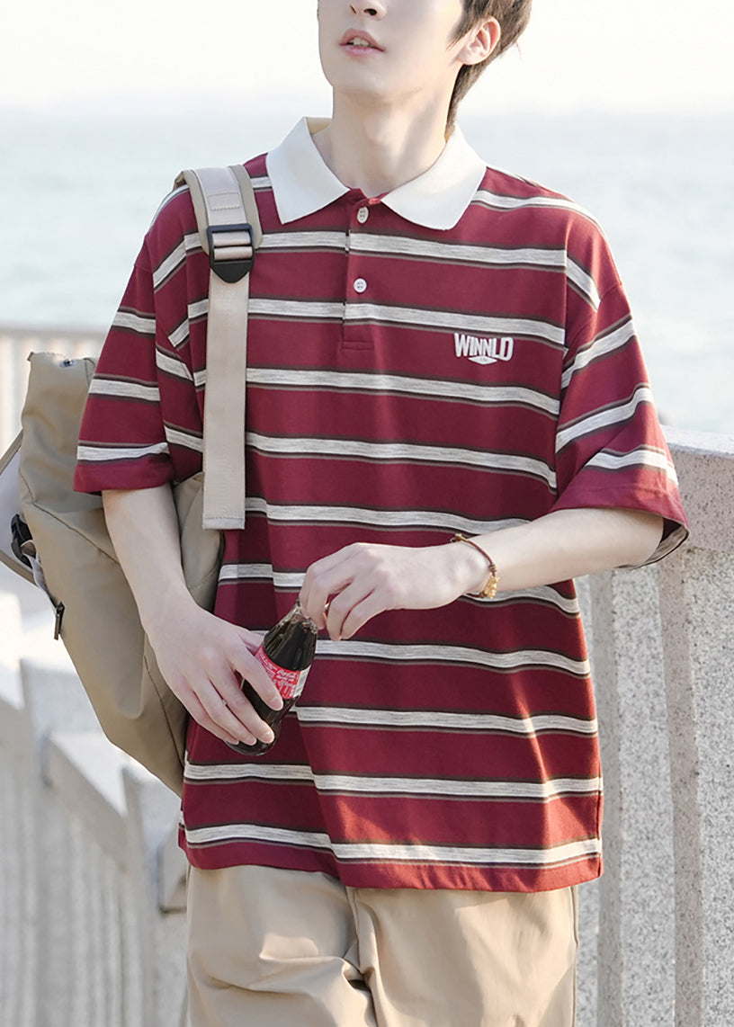 Red Striped Button Loose Cotton Mens Polo Shirts