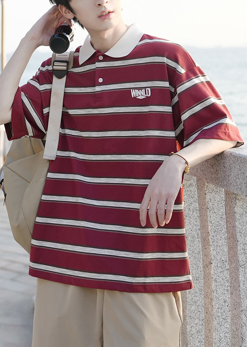 Red Striped Button Loose Cotton Mens Polo Shirts