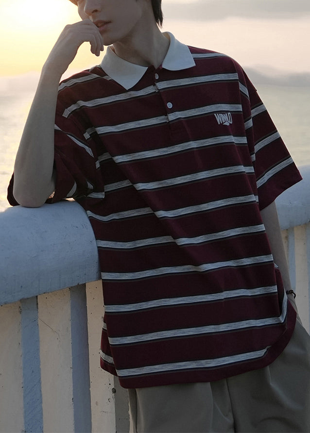 Red Striped Button Loose Cotton Mens Polo Shirts