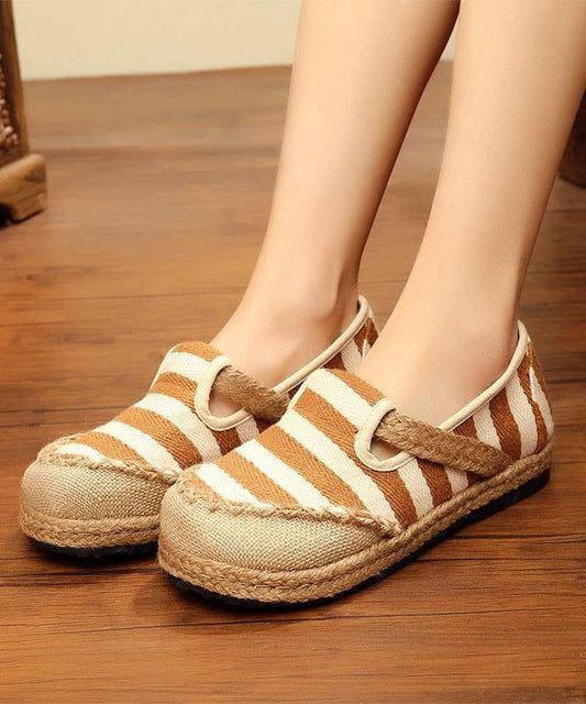 Red Striped Patchwork Flat Feet Shoes - SooLinen