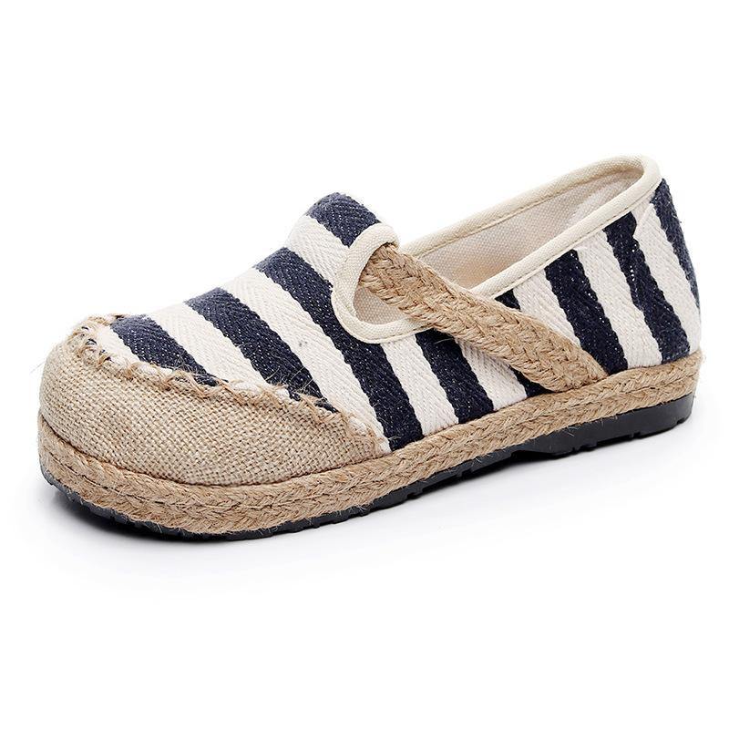 Red Striped Patchwork Flat Feet Shoes - SooLinen