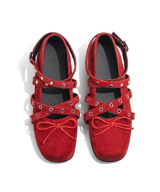 Red Suede Bow Cross Strap Rivet Splicing Flat Feet Shoes