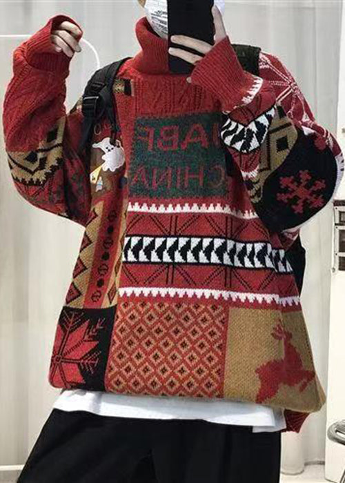Red Thick Patchwork Knit Mens Sweaters Turtleneck