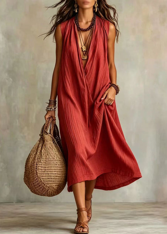 Red Vacation Dresses V Neck Draping Sleeveless