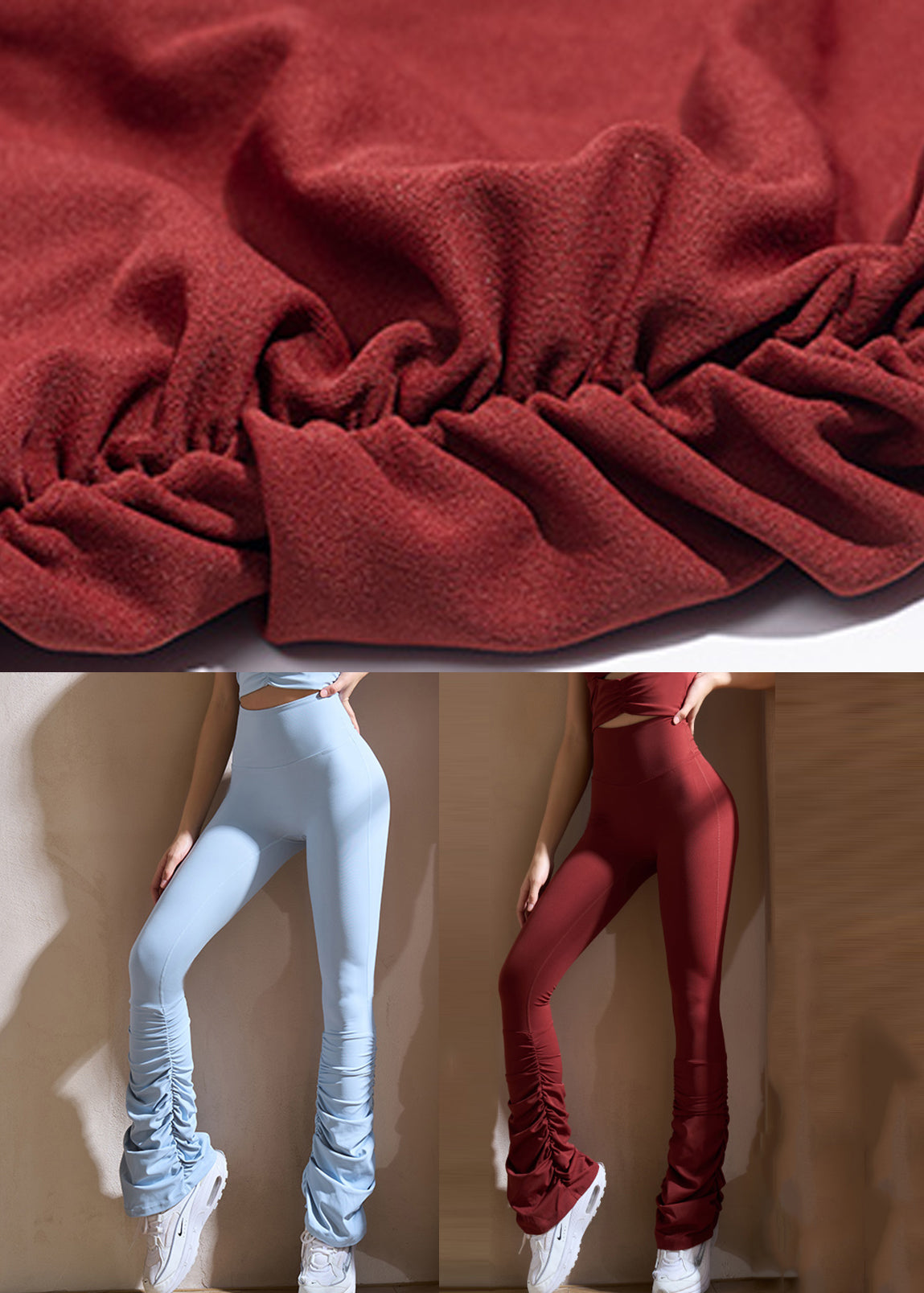 Red Wrinkled High Waist Solid Yoga Pants