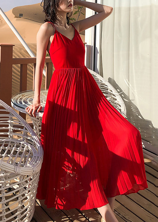 Red Wrinkled Solid Chiffon Spaghetti Strap Dress V Neck Summer