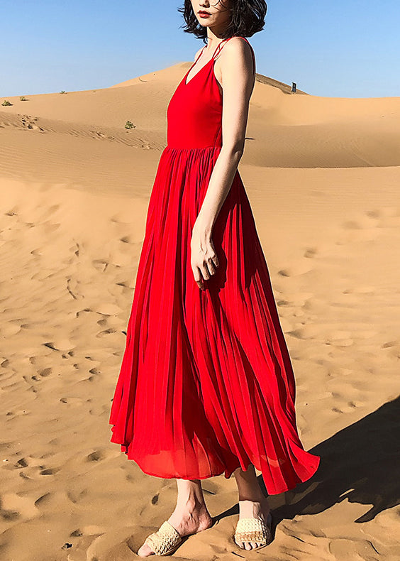 Red Wrinkled Solid Chiffon Spaghetti Strap Dress V Neck Summer