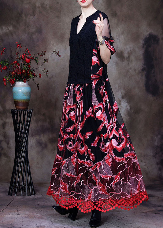 Rote Spitze Strickkleider Bestickt Frühling