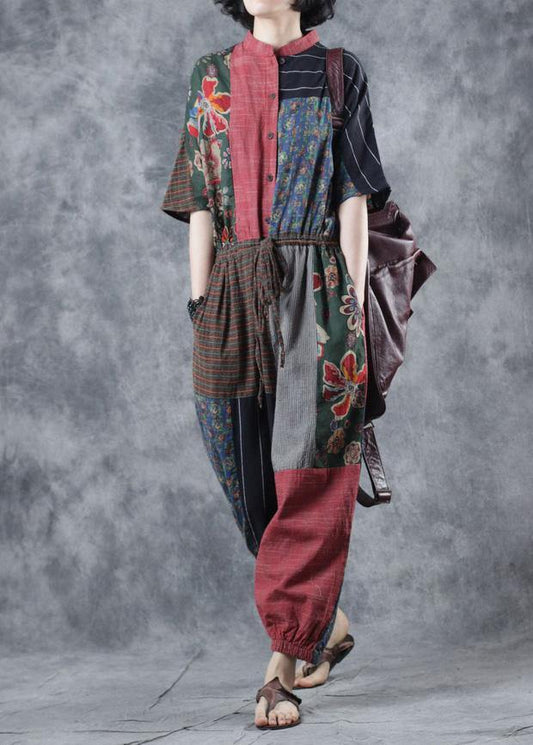 Red printed jumpsuit tie waist loose wide leg pants - SooLinen