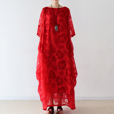 Rote Rosen Tüll Chiffon Kaftane Maxikleider Freizeitkleid Übergrößen