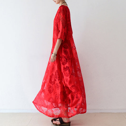 Rote Rosen Tüll Chiffon Kaftane Maxikleider Freizeitkleid Übergrößen