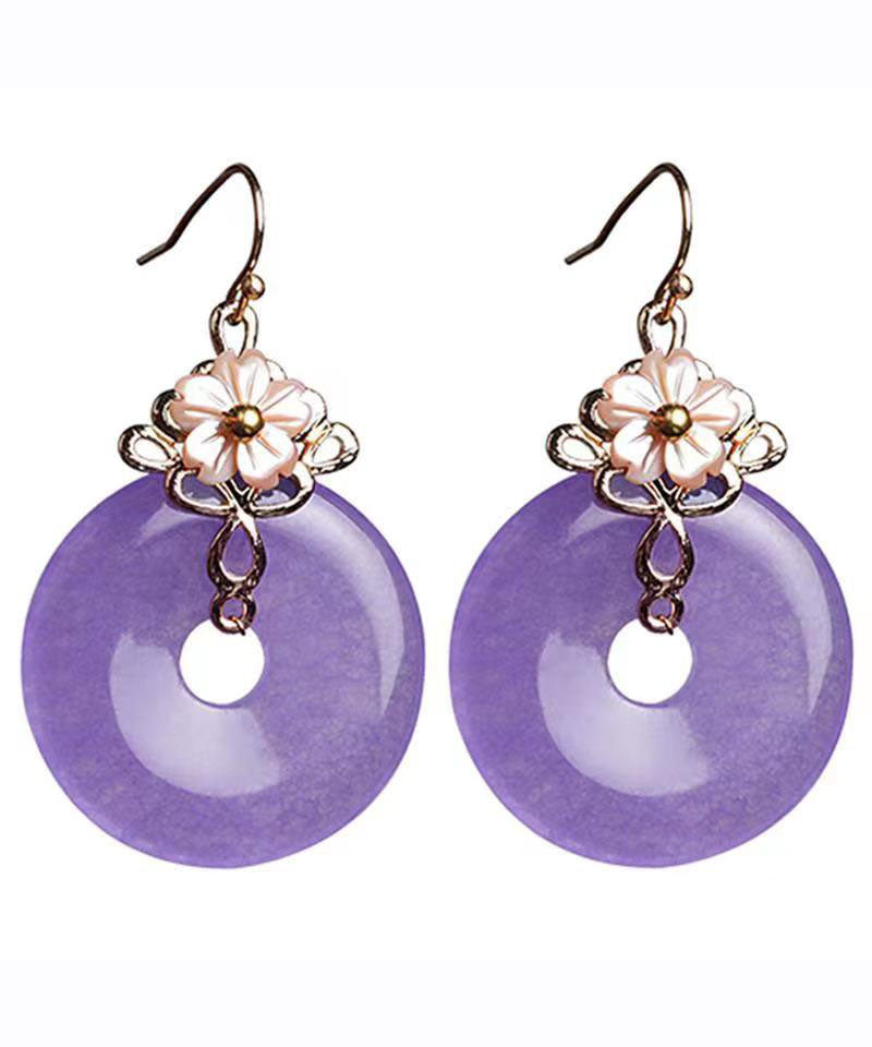 Pendientes colgantes de calcedonia con flor de concha en oro morado de 24 quilates