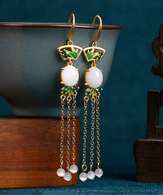 Pendientes colgantes con borlas de jade esmaltado y dorado en cobre blanco