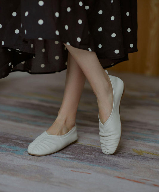 Retro Beige Pointed Toe Genuine Leather Flats Shoes - SooLinen