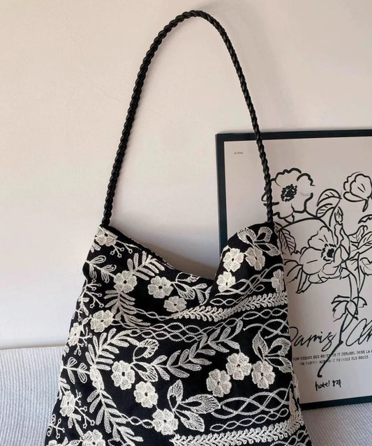 Retro-Handtaschen aus schwarzer Baumwolle mit Blumenstickerei für Damen