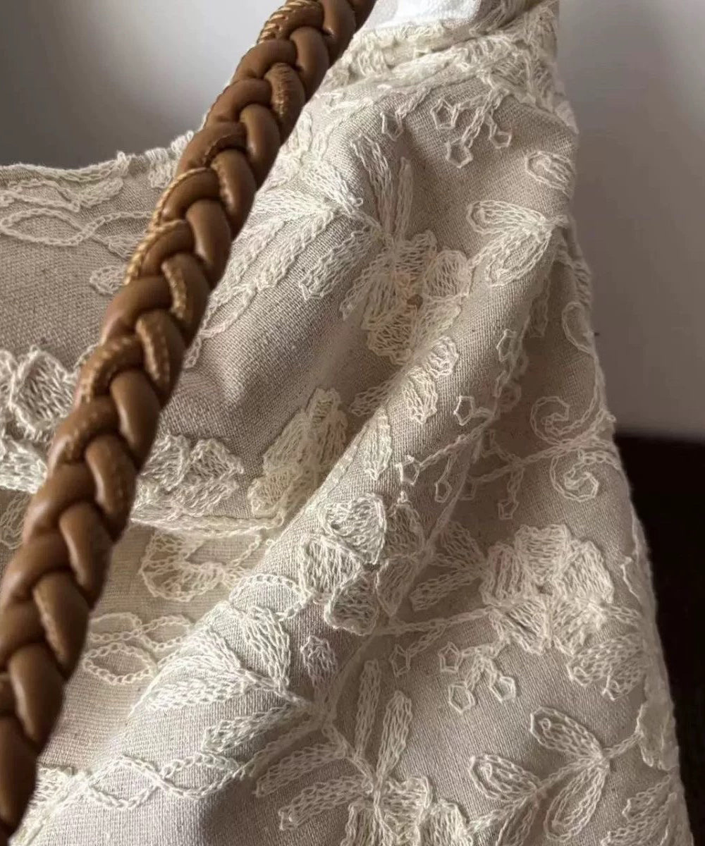 Bolsos de mano retro de algodón con flores bordadas en negro para mujer