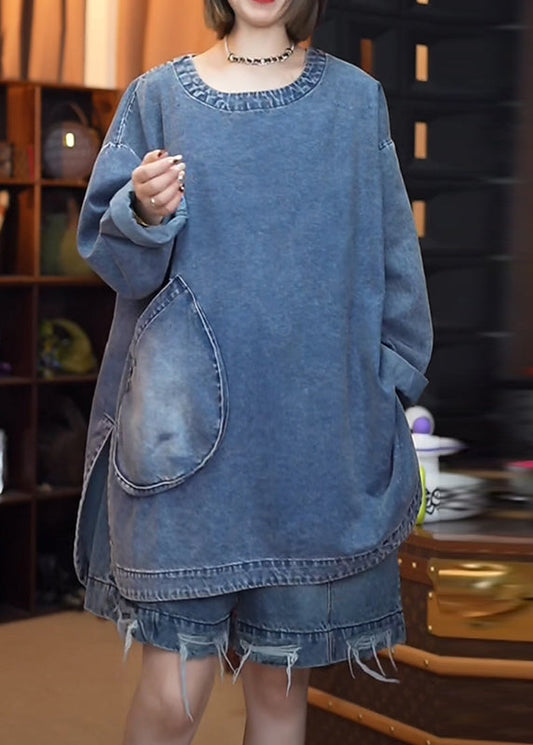 Retro Black Patchwork Side Open Denim Tops Fall