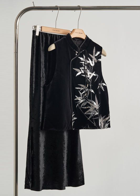 Top retro de terciopelo de seda de bambú con lentejuelas negras para primavera