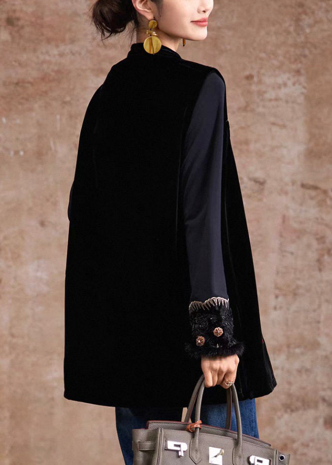 Retro Black Stand Collar Embroidered Waistcoat Sleeveless