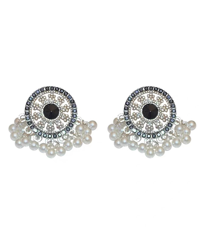 Retro Black Stelring Silver Zircon Hollow Out Pearl Tassel Stud Earrings