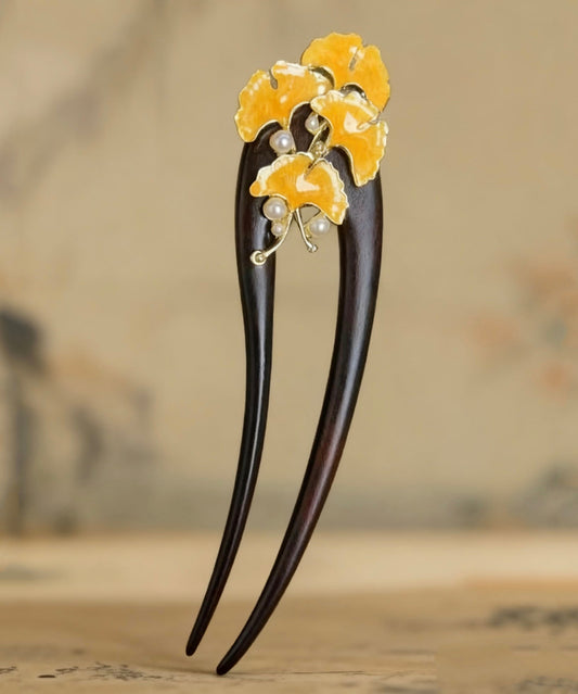 Retro Black Wooden Pearl Floral U-Shaped Hairpin