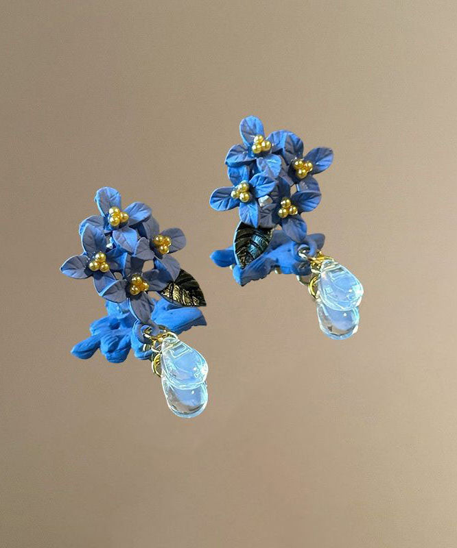 Retro Blue Alloy Acrylic Floral Crystal Water Droplet Drop Earrings