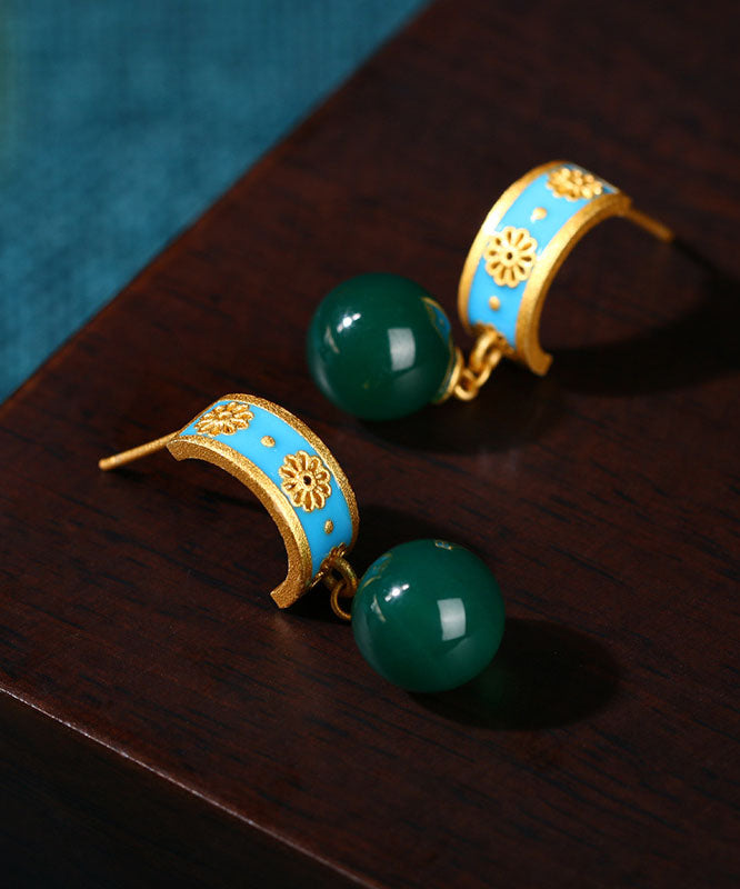 Pendientes de aro con flores de calcedonia dorada antigua azul retro
