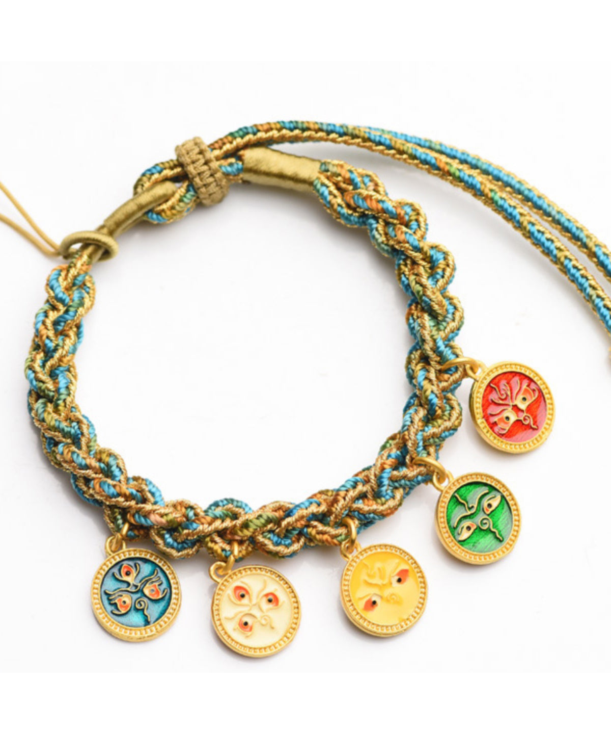 Pulsera retro azul tejida a mano con borlas del Dios de los Cinco Caminos de la Riqueza